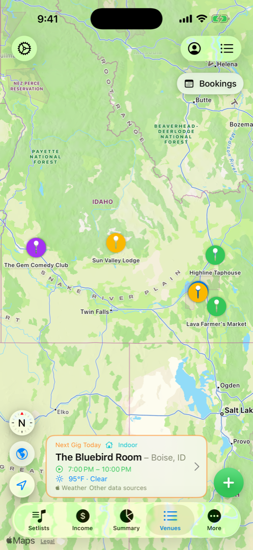 Map of venues color-coded by status