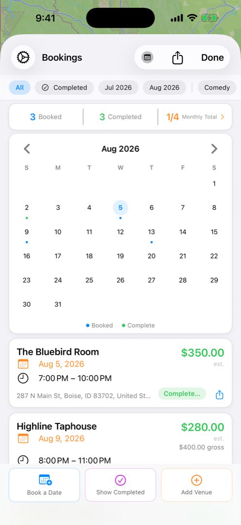 Bookings calendar with gig dots